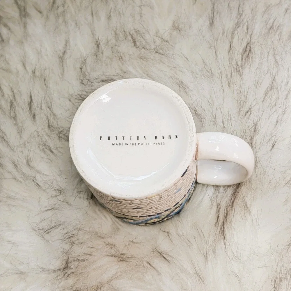 Pottery Barn Mosaic Wave Mug Coffee Cup White Blues Green